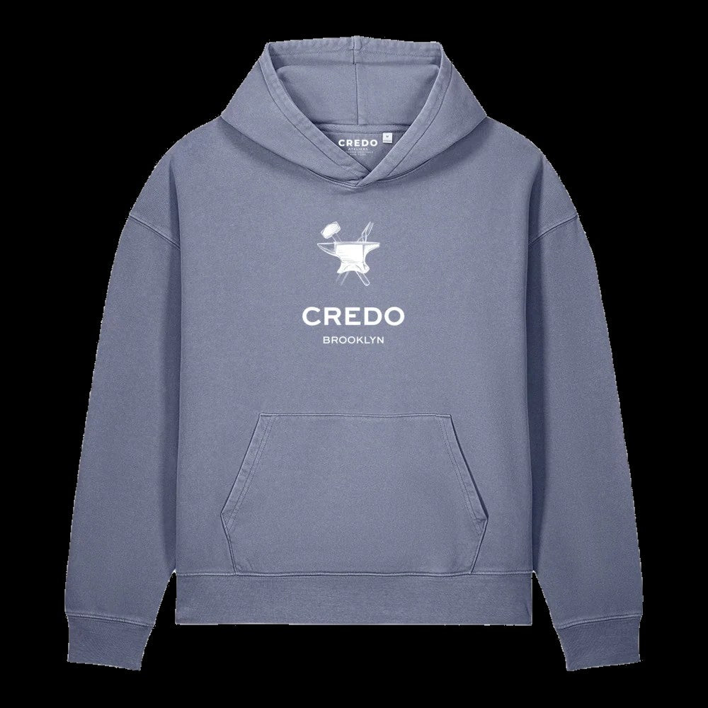 CREDO BROOKLYN ANVIL & HAMMER GARMENT-DYED HOODIE – BLUE GREY