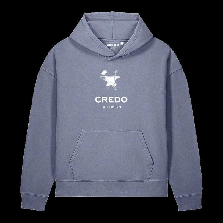 CREDO BROOKLYN ANVIL & HAMMER GARMENT-DYED HOODIE – BLUE GREY