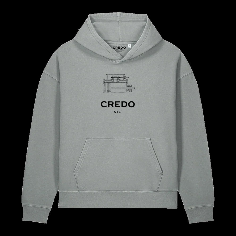 CREDO NYC ENGINE BLOCK GARMENT-DYED HOODIE – MISTY GREY